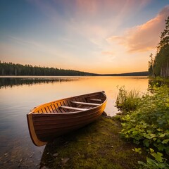 Fototapeta premium Serene Sunset over Calm Lake with Wooden Rowboat