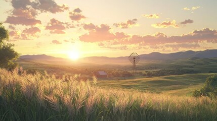Fototapeta premium Serene sunset over a rural landscape with a windmill and barn.