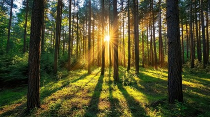 Obraz premium Sunlight Streaming Through Trees in a Serene Forest Landscape
