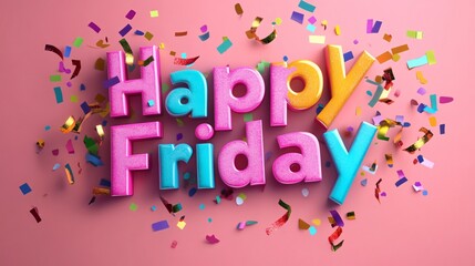 Good friday blessings, Colorful happy Friday sign, vibrant 3D letters in pink and blue, festive confetti in background, perfect for weekend greetings.