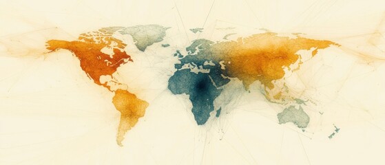 Networked World Map Connecting Continents with Global Digital Communication and Interconnectivity in Warm Tones