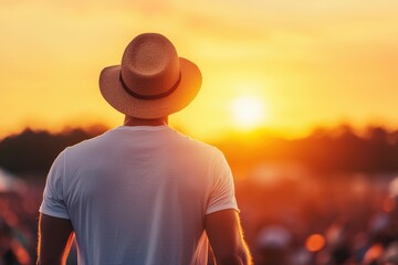 summer concert stage vocalist, Man in a straw hat gazing at a vibrant sunset over a crowd at a festival.