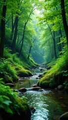 Fototapeta premium Riverbank covered with lush greenery and ferns, foliage, plant, vegetation