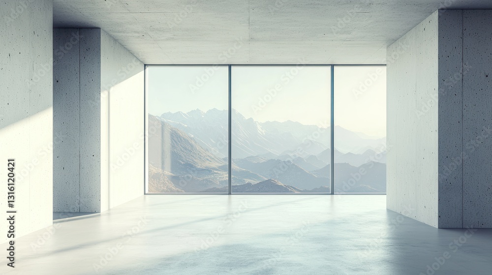 Aufkleber modern empty concrete room with large window and mountain view.