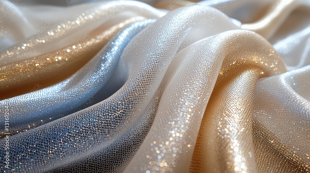 Poster a close-up view of luxurious white fabric adorned with intricate gold patterns, featuring shimmering