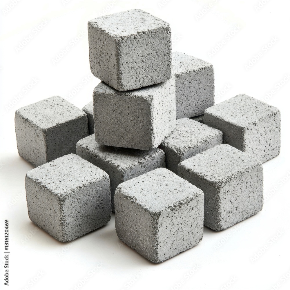 Poster a stack of gray stone cubes on a white background. the cubes are small and have a rough texture. the
