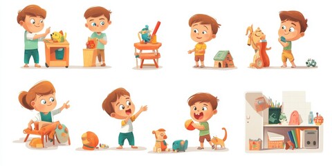 Siblings problems isolated cartoon  illustration set. Child jealousy, resentful kid, lack of attention, siblings rivalry, toddlers tear the toy apart, children fighting AI