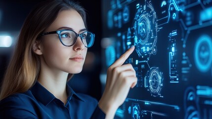 Young Woman Engaged with Digital Display in Futuristic Environment