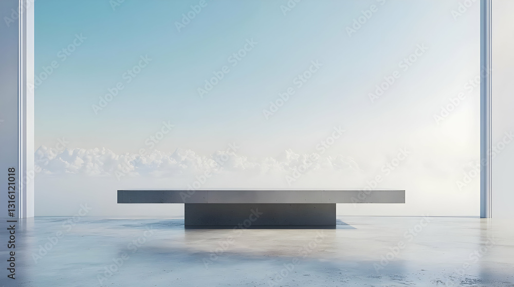 Poster minimalist concrete platform in a bright open space with cloudy blue sky backdrop for product displa