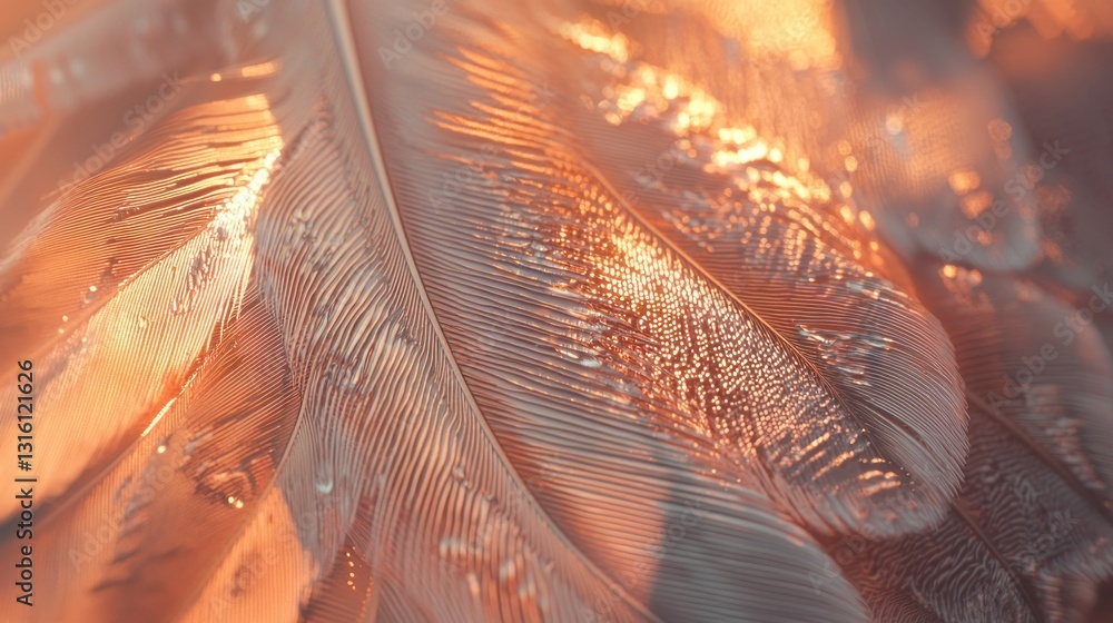Poster close-up of iridescent feathers illuminated by warm light.