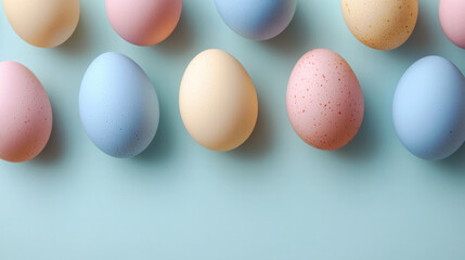 Colorful Easter eggs arranged on pastel background create festive atmosphere