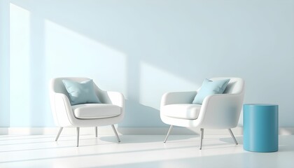 Minimalist living room, pastel blue walls, soft natural light, two white armchairs, light gray cushions, blue side table, clean lines, Scandinavian design, airy space, calm atmosphere