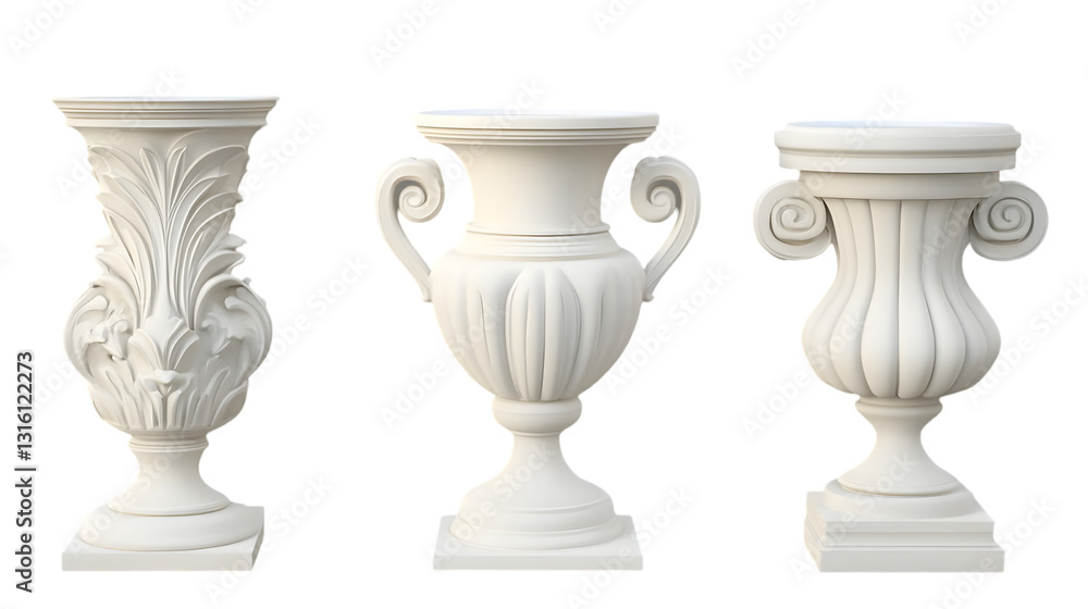 Aufkleber three intricately designed white vases showcasing different classical styles against a plain backgro
