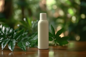 Serene still life featuring a bottle against a backdrop of lush green foliage evoking natural wellness and skincare concept for stock photography