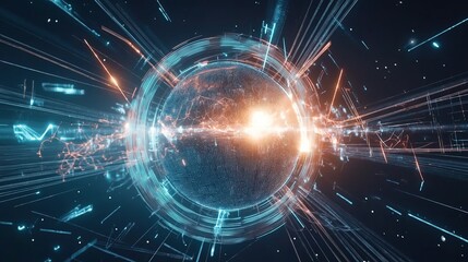 Obraz premium Futuristic Earth-centered network with glowing crypto nodes and IoT connections, symbolizing global digital connectivity.