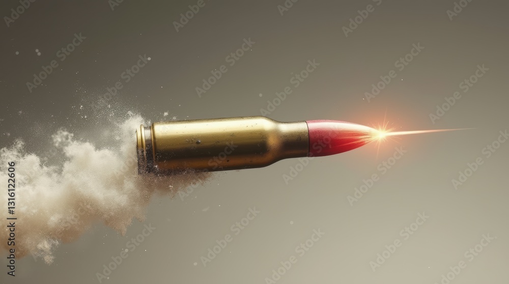 Poster dynamic depiction of a bullet in motion with smoke and light effects representing speed and power