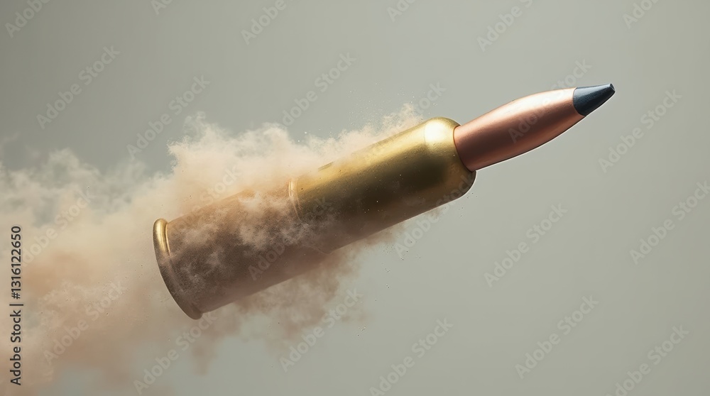 Poster explosive dynamics captured in motion: a close-up of a bullet in flight surrounded by dust