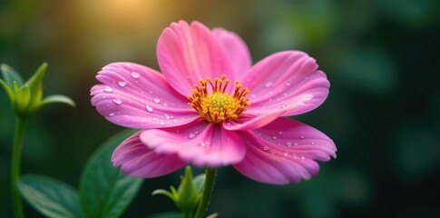 Obraz premium Soft petals of pink flower glisten with dew drops, nature, dewy, bloom