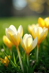 Fototapeta premium Soft petals of pale yellow and white crocus flowers blooming in a garden field, spring, floral