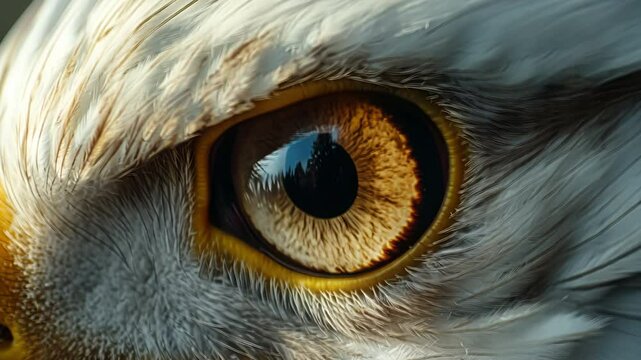 Close-up of a Bald Eagle's eye with golden iris and white feathers, showing trees reflected in the eye.