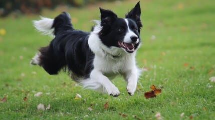 Fototapeta premium Happy dog running in a grassy field