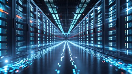 A mesmerizing blue digital corridor glowing with data streams a futuristic server room radiating technological power and potential.