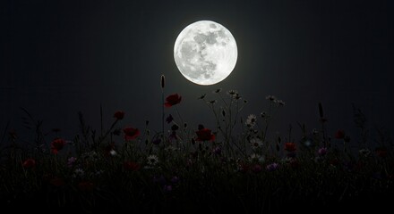 Fototapeta premium Full Moon Shining Over Wildflowers at Night Creating a Magical Scene