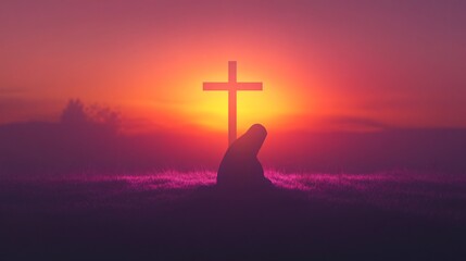 Good friday blessings, Silhouette of a cross at sunset, vibrant orange and purple sky, symbolism of faith and hope, serene spiritual atmosphere.