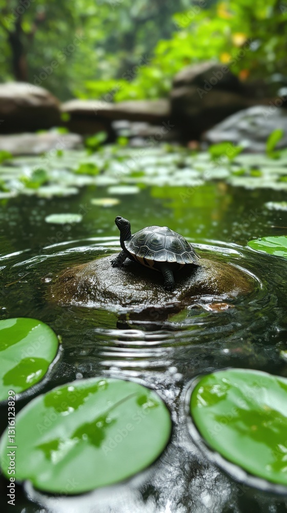 Poster serene pond scene featuring a small turtle perched on a rock surrounded by lily pads in a tranquil g