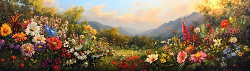 Fototapeta premium Vibrant Floral Landscape with Mountains and Evening Sky Glow