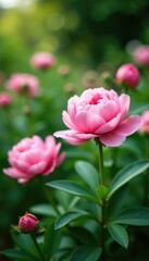 Obraz premium Soft pink peonies in the soft focus blur of a lush garden backdrop, foliage, peonies