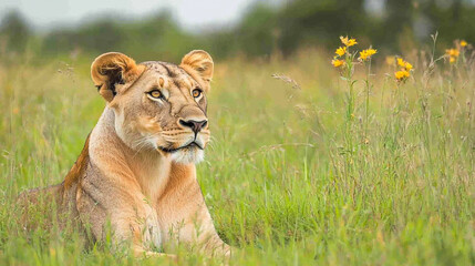 Naklejka premium Powerful Lioness Portrait with Warm Golden Lighting and Earthy Tones