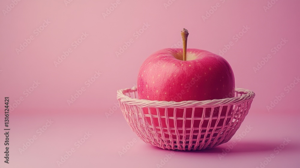 Poster ripe red apple in a small basket on a pink background creating a visually appealing and minimalist c