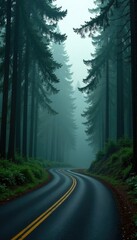 Obraz premium Vertical road winding through dense coniferous forest canopy, misty, nature, green