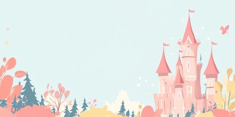 cartoon dreamy pink and pastel color cartoon castle for fairytales and kids stories concepts as wide banner with copyspace area. Generative AI