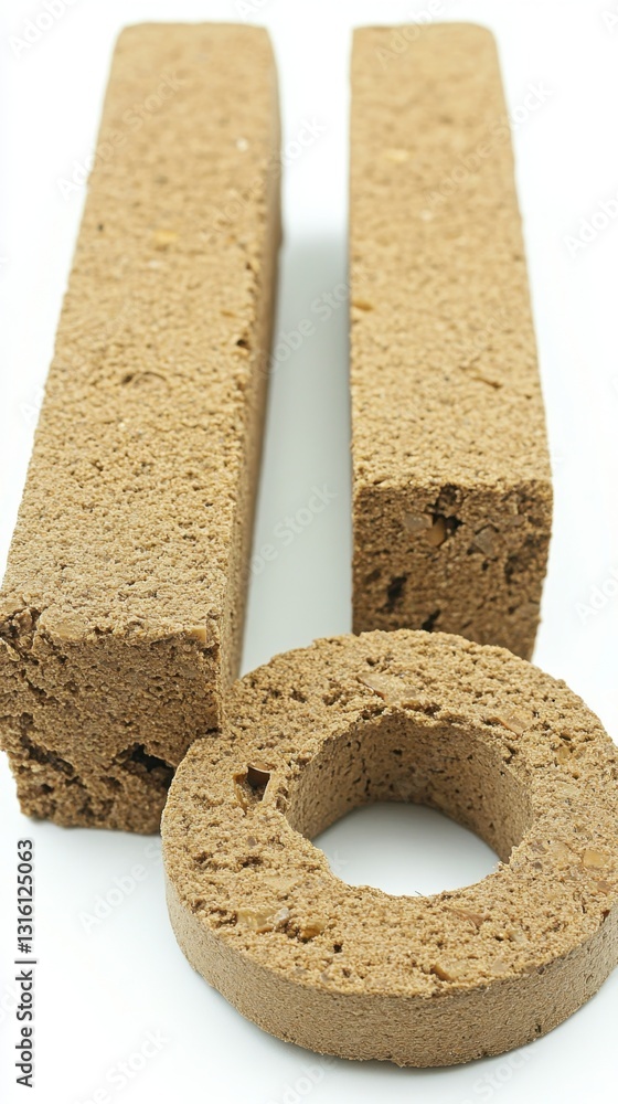 Poster three light brown porous rectangular blocks and a ring shaped porous block on a white background. th