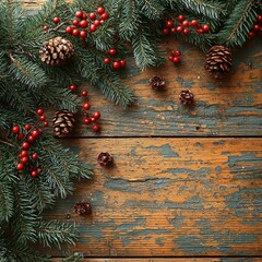 A detailed close-up of a lush pine branch adorned with vibrant red berries and textured pine cones, showcasing the rich green needles and the natural beauty of winter foliage.