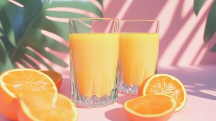 Fototapeta premium Refreshing Orange Juice in Glasses with Fresh Citrus Fruits Decor