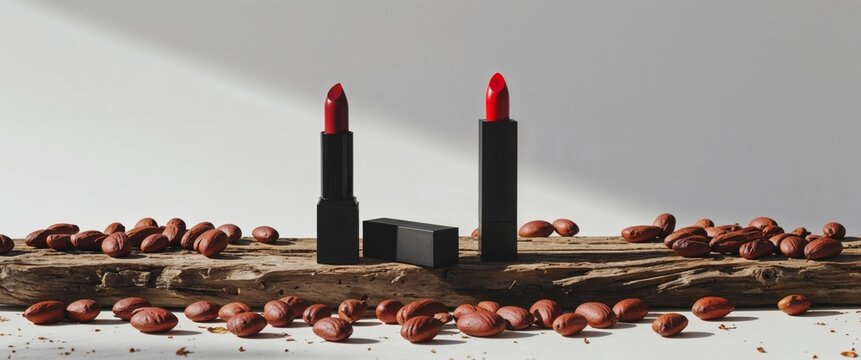 Dark red lipstick on wooden surface with cocoa beans.