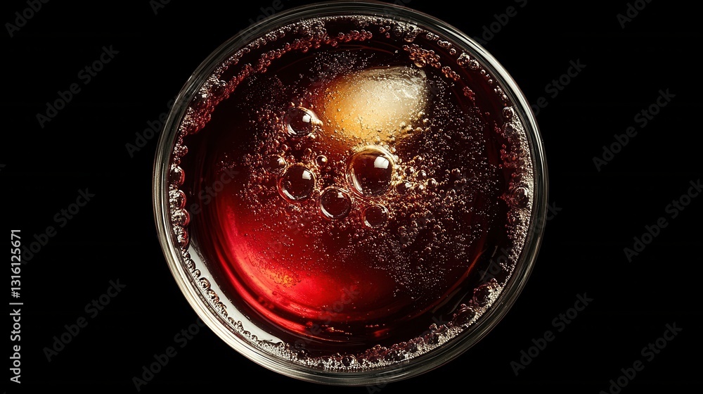 Poster refreshing cola drink with ice cube in glass on black background capturing the fizz and bubbles in a