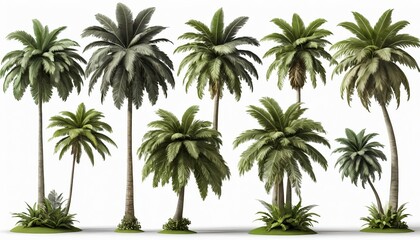 Collection of Tropical Palm Trees on White Background