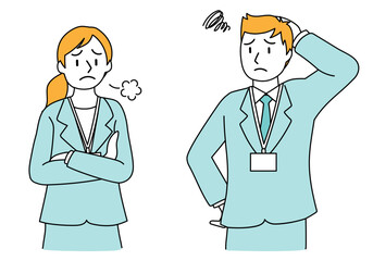 シンプルな線画のスーツで働く若い男性と女性-困る、悩む