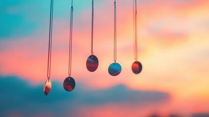 Metal discs hang at sunset