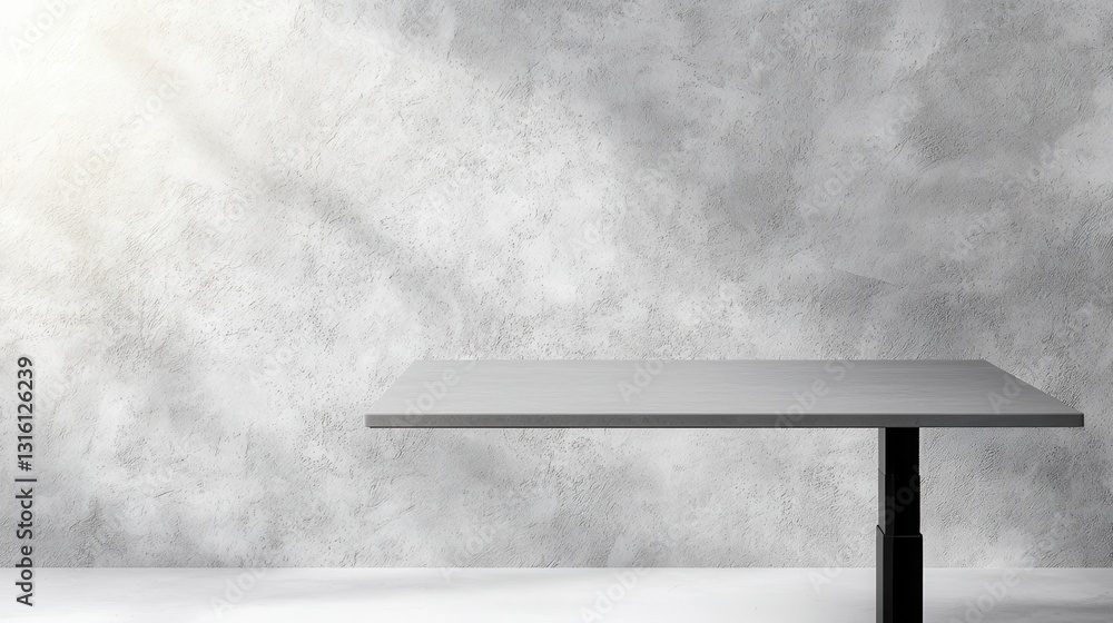 Poster a minimalist gray background features a simple table, showcasing a modern, clean aesthetic with soft