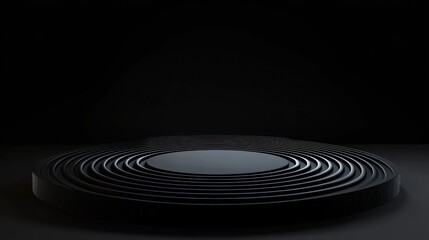 Dark circular platform with concentric rings, minimalist black background, product display.