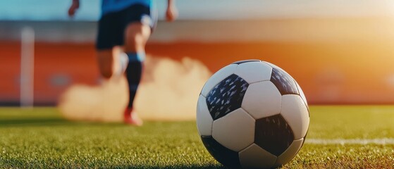 Fototapeta premium A soccer player is in motion, kicking a ball on a vibrant green field, illuminated by warm sunlight in the background.