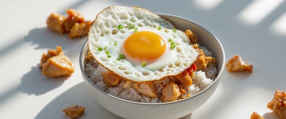 Savory Rice Bowl with Fried Egg and Chicken.