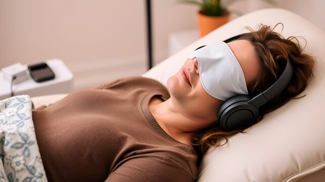 Patient relaxing in a comfortable chair, wearing headphones and an eye mask, during a ketamine therapy session
