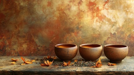 Warm Chinese Herbal Tea Served in Traditional Clay Cups on Rustic Table
