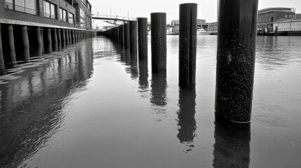 Obraz premium Black and white perspective of a row of weathered posts leading into a calm, reflective waterway.
